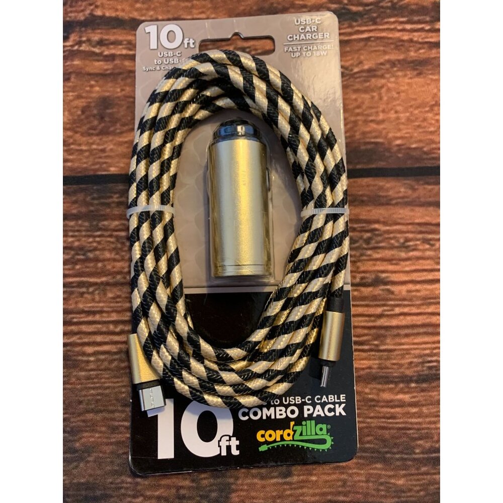 10ft USB-C To USB-C Cable & Car Charger Combo Pack Cordzilla